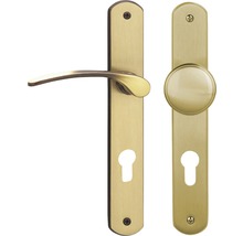 Langschildgarnitur Amos messing/brüniert/satiniert PZ mit Knopf + Drücker für Wohnungseingangstür links