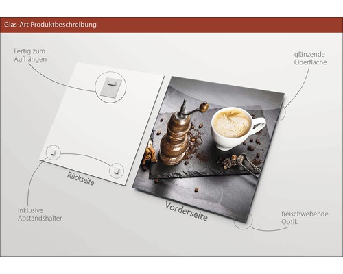 Glasbild mit glänzender Oberfläche, inklusive Abstandshalter zur Aufhängung
