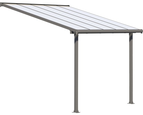 Vordach mit transparentem Dach und zwei Stützpfosten.