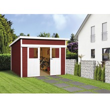 Gartenhaus mit Schiebetür im Außenbereich neben einem Haus