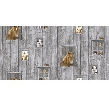 Tapete mit Tiermotiven im Fensterrahmen auf Holzgrund