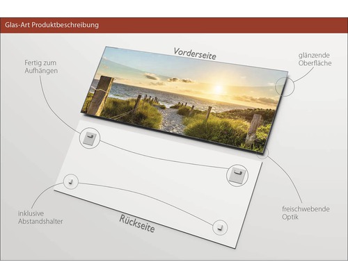 Glasbild zur Produktbeschreibung mit Strandmotiv, inklusive Abstandshalter, fertig zum Aufhängen und mit glänzender Oberfläche
