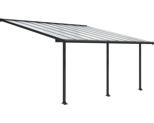 Terrassenüberdachung mit transparentem Dach und Stützpfosten