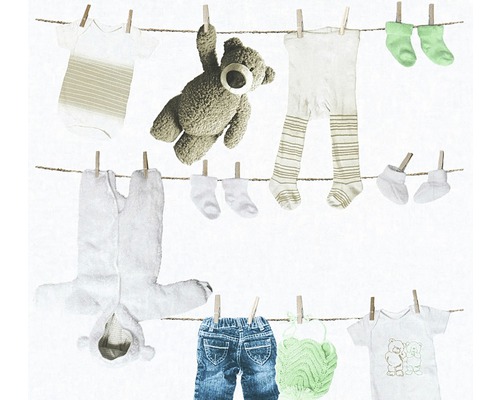 Vliestapete 35844-2 Little Starssachen Teddy Jeans Babymode und ein Teddybär hängen an einer Wäscheleine