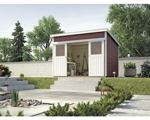 Schiebetürhaus weka Lugano 3 mit Fußboden 315 x 335 cm schwedischrot Gartenhaus mit Gartengeräten und Pflanze auf einer Terrasse