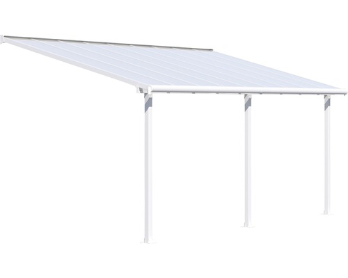 Freistehendes Vordach mit durchsichtigem Dach und weißen Pfosten