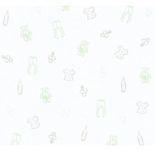 Muster mit Babyartikeln wie Fläschchen, Schnuller, Teddy und Kleidung