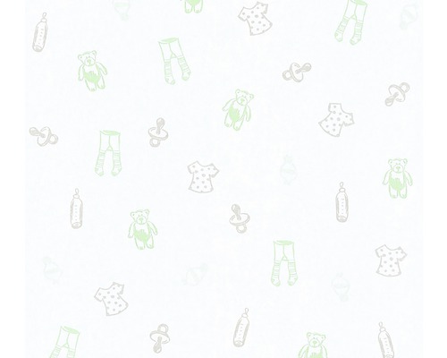 Vliestapete 35845-1 Little Stars hellgrau Babysachen grün Muster mit Babyartikeln wie Fläschchen, Schnuller, Teddy und Kleidung