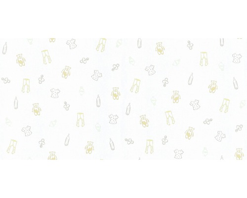 Muster mit Babyartikeln: Teddybär, Schnuller, Flasche, Kleid, Strumpfhose