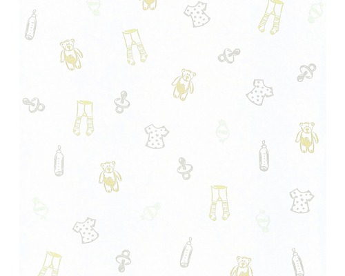 Vliestapete 35845-2 Little Stars Babysachen weiß Muster mit Babyartikeln