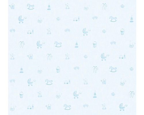 Vliestapete 35854-2 Little Stars blau Spielzeug Tapete mit Kinderwagen, Schaukelpferden und Spielzeugmotiven