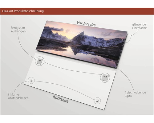 Glasbild mit Bergmotiv, glänzender Oberfläche, Aufhängung inklusive