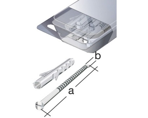 Abbildung eines Dübels mit Schraube und Maßangaben in Verpackung