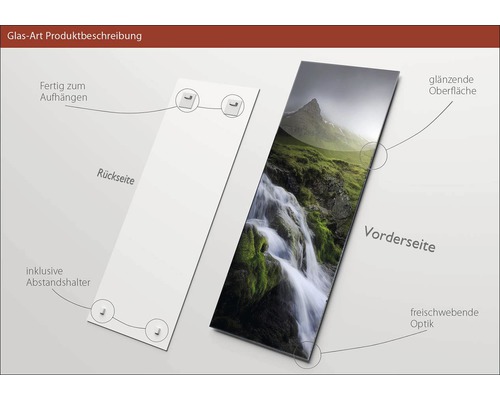 Glasbild mit Berglandschaft, inklusive Wandhalterung, zur Wandmontage geeignet