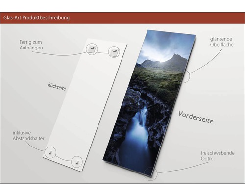 Produktbeschreibung der Glas-Art mit Berglandschaft auf der Vorderseite und der Rückseite mit Abstandshalter zur Aufhängung.