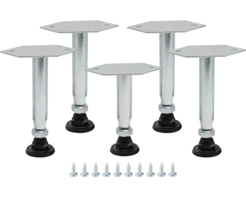 Fünf verstellbare Möbelfüße aus Metall mit Befestigungsschrauben