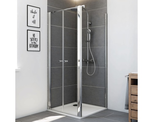 Eckdusche mit zwei Drehtüren aus Glas und Armaturen im Badezimmer