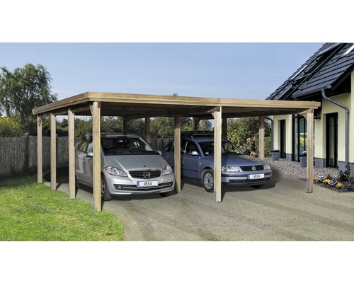 Doppelcarport weka Optima 603x612 cm kesseldruckimprägniert Doppelcarport aus Holz mit zwei geparkten Autos