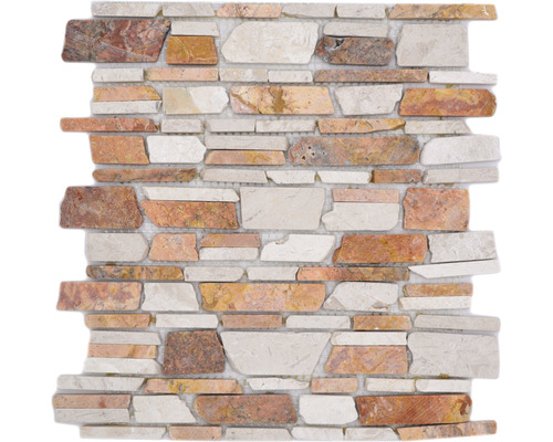 Natursteinmosaik MOS Brick 225 weiß/rot 30,5x30,5 cm Mosaikfliese mit unregelmäßigen Steinen