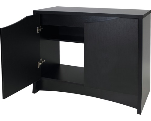 Schwarzer Unterschrank mit zwei Türen und Regalen