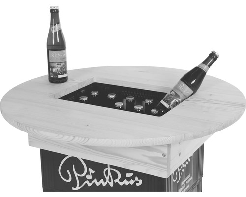 Stehtisch mit integriertem Flaschenkühler und mehreren Bierflaschen.