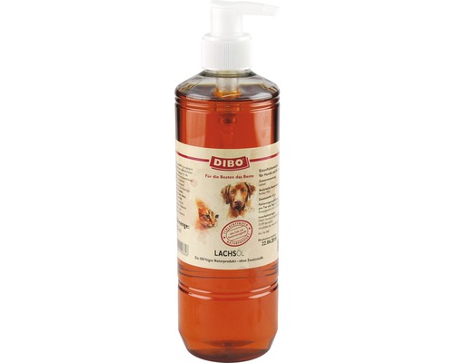 Ergänzungsfuttermittel für Hunde und Katzen DIBO® Lachsöl 500 ml Dibo Lachsöl für Hunde und Katzen in einer durchsichtigen Plastikflasche mit Pumpe