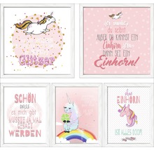 Sechs gerahmte Einhornbilder mit Sprüchen
