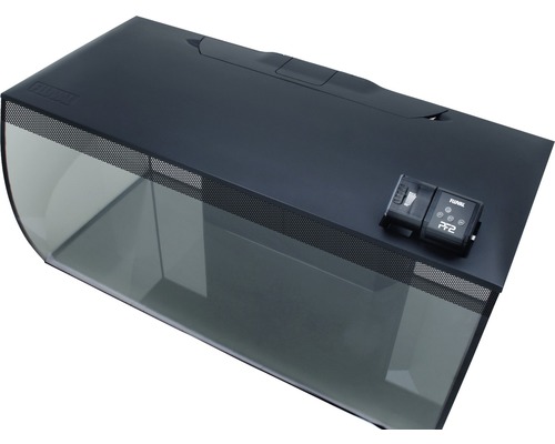 Schwarzes Aquarium mit Futterautomat