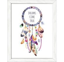 "Gerahmtes Bild mit Traumfänger, Federn und dem Text ""Dreams Come True""."