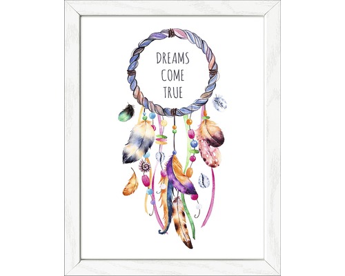 "Gerahmtes Bild mit Traumfänger, Federn und dem Text ""Dreams Come True""."