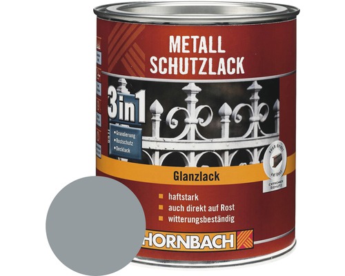 HORNBACH Metallschutzlack 3in1 glänzend silbergrau 750 ml Metal protective paint in a can with high gloss finish and Hornbach Logo.