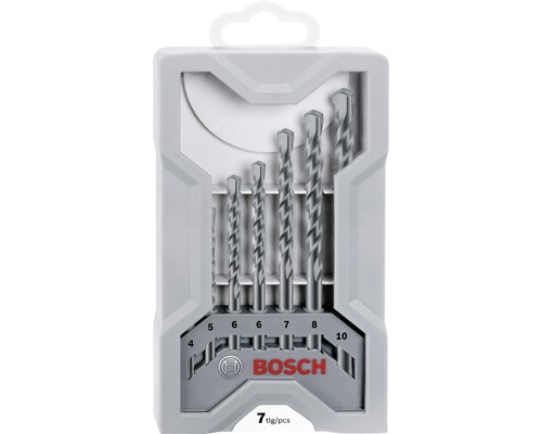 Bosch Bohrerset mit sieben Betonbohrern in verschiedenen Größen in einer grauen Kunststoffverpackung