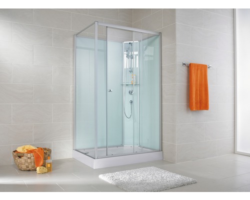 Komplettdusche SCHULTE Ibiza Anschlag rechts 80 x 120 x 204 cm alufarben Duschkabine mit Schiebetüren und Brausegarnitur in einem hellen Badezimmer.