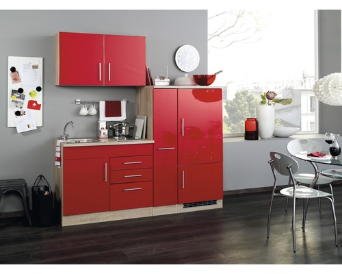 Held Möbel Singleküche mit Geräten Toronto 190 cm Frontfarbe rot matt Korpusfarbe sonoma eiche zerlegt