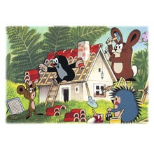 Illustration mit Hausbau durch Maus, Maulwurf, Hase und Igel