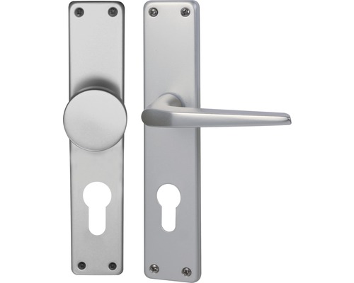 Langschildgarnitur Tanja alu F1 eloxiert PZ mit Knopf + Drücker für Wohnungseingangstüren links/rechts Langschildgarnitur Tanja alu F1 eloxiert PZ mit Knopf + Drücker für Wohnungseingangstüren links/rechts
