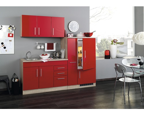 Held Möbel Küchenzeile mit Geräten Toronto 210 cm Frontfarbe rot hochglanz Korpusfarbe sonoma eiche zerlegt