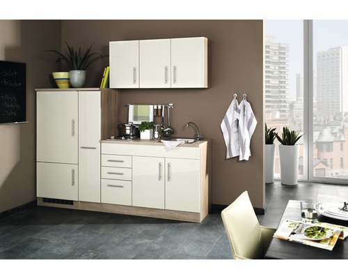 Held Möbel Küchenzeile mit Geräten Toronto 210 cm Frontfarbe creme hochglanz Korpusfarbe sonoma eiche zerlegt