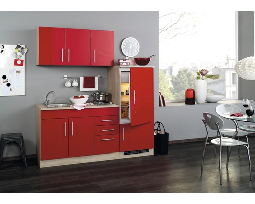 Held Möbel Singleküche mit Geräten Toronto 180 cm Frontfarbe rot hochglanz Korpusfarbe sonoma eiche zerlegt