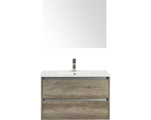 Badmöbel-Set Sanox Dante BxHxT 81 x 170 x 46 cm Frontfarbe nebraska oak mit Waschtisch Keramik weiß und Keramik-Waschtisch Spiegel Waschtischunterschrank