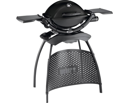 Weber Gasgrill Standgrill Q 1200 Stand Black, 1 Edelstahlbrenner 2,49 kW Grillbereich 43 x 32 cm Grillrost aus Gusseisen, Deckel und Gehäuse aus Aluguss inkl. Stand, integriertes Thermometer, Elektronische Zündung, Fettauffangschale