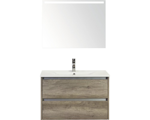 Badmöbel-Set Sanox Dante BxHxT 81 x 170 x 46 cm Frontfarbe nebraska oak mit Waschtisch Keramik weiß und Keramik-Waschtisch Spiegel mit LED-Beleuchtung Waschtischunterschrank