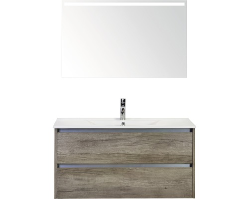Badmöbel-Set Sanox Dante BxHxT 101 x 170 x 46 cm Frontfarbe nebraska oak mit Waschtisch Keramik weiß und Keramik-Waschtisch Spiegel mit LED-Beleuchtung Waschtischunterschrank-0