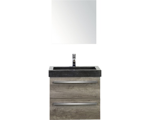 Badmöbel-Set Sanox Seville BxHxT 61 x 170 x 45,5 cm Frontfarbe nebraska oak mit Waschtisch Naturstein schwarz und Waschtischunterschrank Waschtisch Spiegel