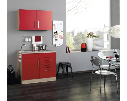 Held Möbel Miniküche mit Geräten Toronto 100 cm Frontfarbe rot hochglanz Korpusfarbe sonoma eiche zerlegt