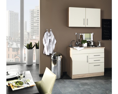 Held Möbel Miniküche mit Geräten Toronto 100 cm Frontfarbe creme matt Korpusfarbe sonoma eiche zerlegt