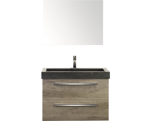 Badmöbel-Set Sanox Seville BxHxT 81 x 170 x 45,5 cm Frontfarbe nebraska oak mit Waschtisch Naturstein schwarz und Waschtischunterschrank Waschtisch Spiegel