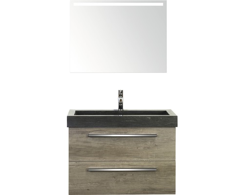 Badmöbel-Set Sanox Seville BxHxT 81 x 170 x 45,5 cm Frontfarbe nebraska oak mit Waschtisch Naturstein schwarz und Waschtischunterschrank Waschtisch Spiegel mit LED-Beleuchtung