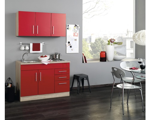 Held Möbel Miniküche mit Geräten Toronto 120 cm Frontfarbe rot hochglanz Korpusfarbe sonoma eiche zerlegt