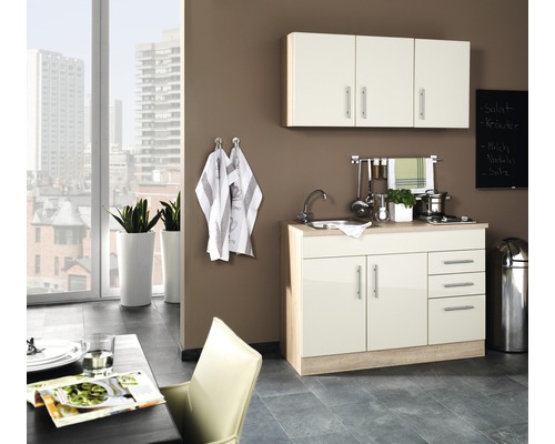Held Möbel Miniküche mit Geräten Toronto 120 cm Frontfarbe creme hochglanz Korpusfarbe sonoma eiche zerlegt
